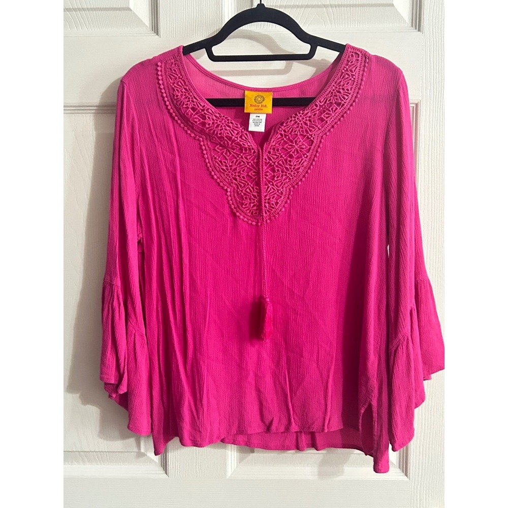 Ruby Rd Petite Medium Pink Lace Tassel Bell Sleeve V Neck Rayon Blouse Top